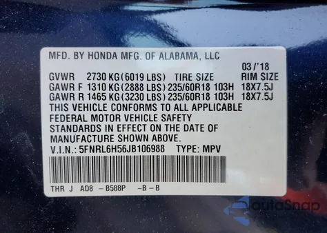 2018 Honda Odyssey Ex from USA, damaged, VIN 5FNRL6H56JB106988